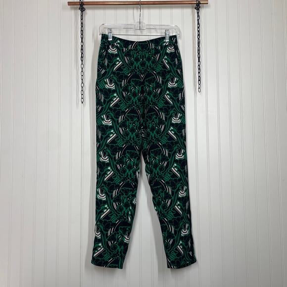 J. Crew Retro Floral Tuxedo Pants Green & Black Pull on High Waist Size 4 - Picture 2 of 9